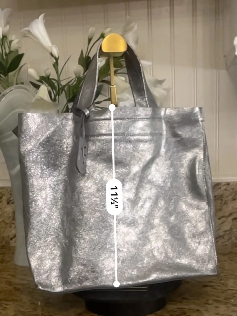 GUC Furla Silver Metallic Tote Bag with F Charm